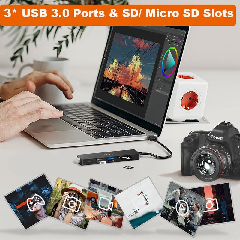 TSUPY USB Hub 3.0, TSUPY 5 in 1 Multiport Adapter USB 3.0 Hub with SD Micro SD Card Reader, 3 USB 3.0 Ports Compatible for Laptop, MacBook, PC, Printer,Surface Pro, USB Flash Drives - Image 3